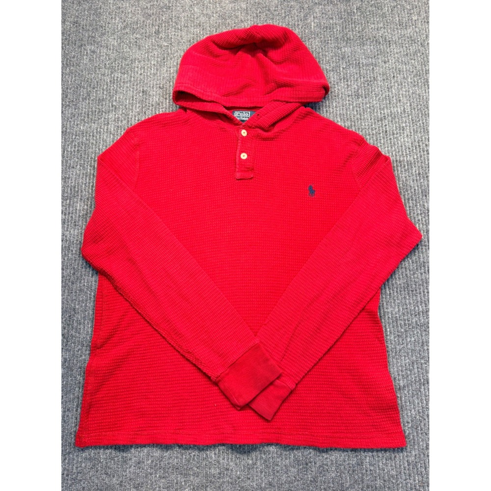 Polo Ralph Lauren Mens Red Waffle Knit Thermal Henley Hoodie Size L